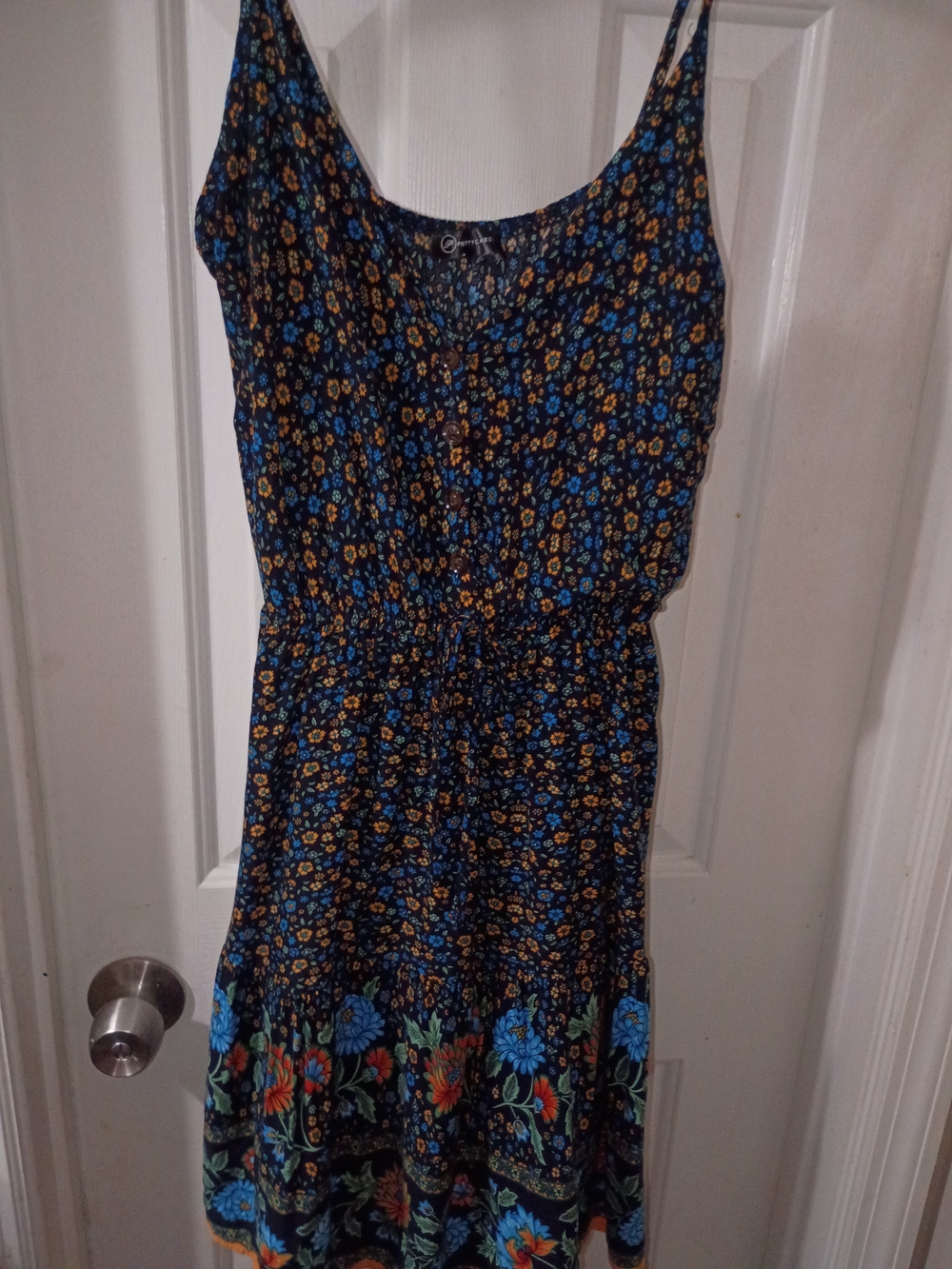 Floral Print Black Mini Dress with Blue and Orange Accents